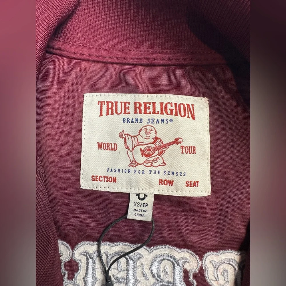 True Religion Jacket Mens XS Burgundy Velvet Big T Mock Zip Up Broadway Gunmetal